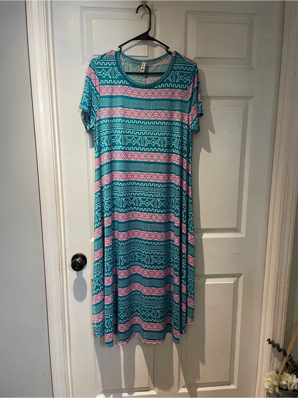 Pomelo Teal & Pink Patterned Short Sleeve Women's Dress 1X